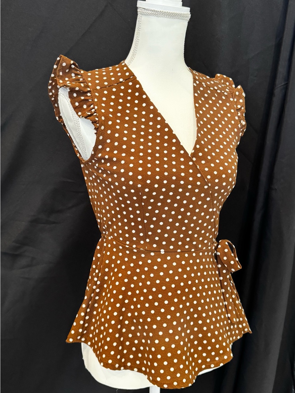 Monteau Brown Polka Dot Wrap Peplum Blouse
